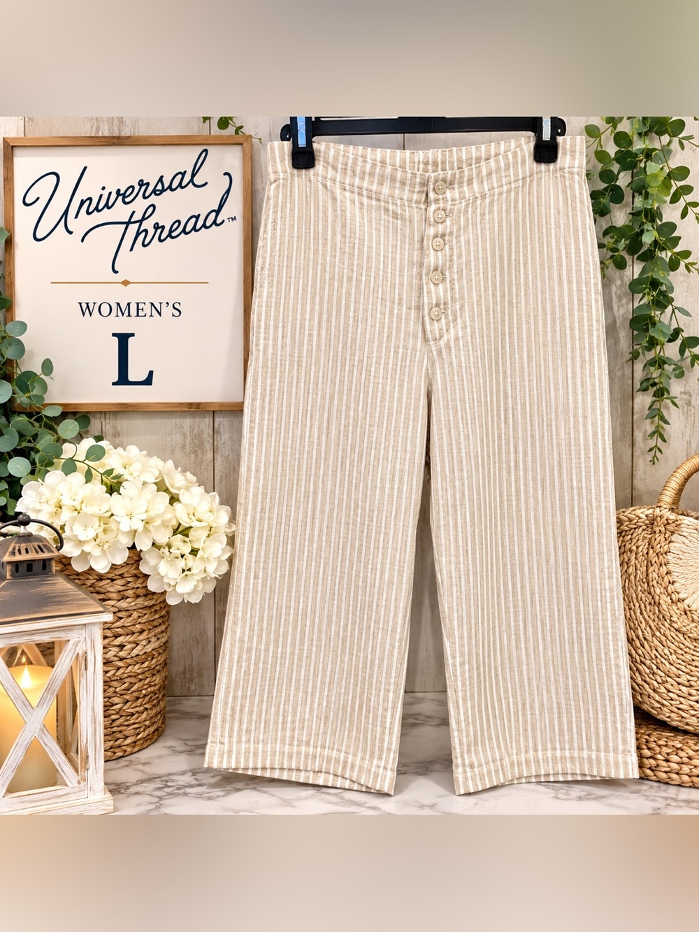 Universal Thread Size L Wide Leg Pants Striped White/Beige Linen/Rayon Blend NWT